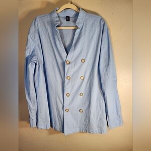 Ouku Men's Light Blue Double-Breasted Shirt Beachy Cotton/linen Sz L